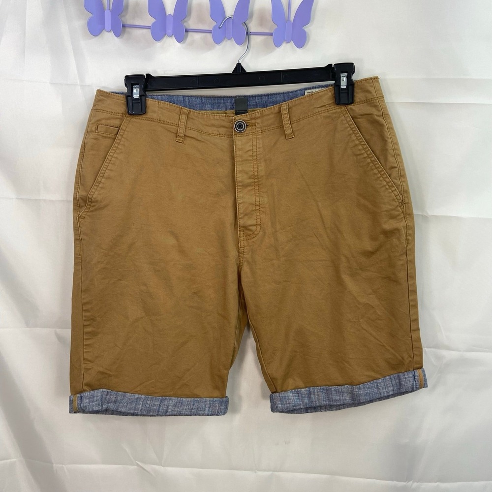 Primark‎ men's cuffed tan khaki button flat front pocket shorts regular fit 36